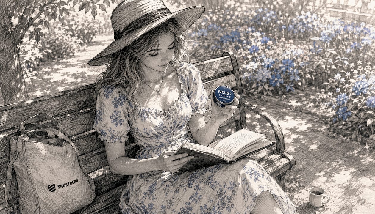 Eine Frau genießt draußen einen NOIS Extreme Blueberry Snus.