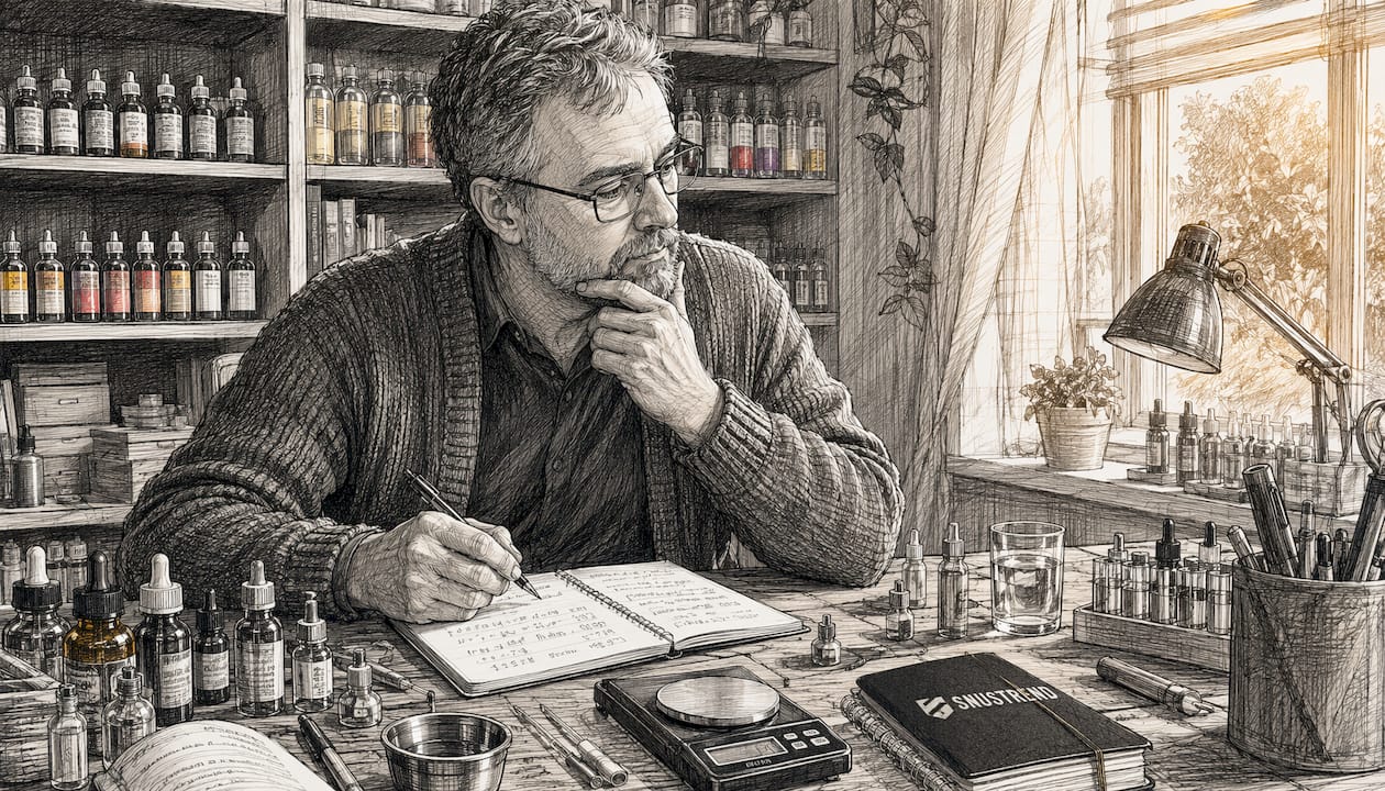 Ein Mann tüftelt an seinem Schreibtisch zu Hause an der perfekten Mischung für sein E-Liquid.