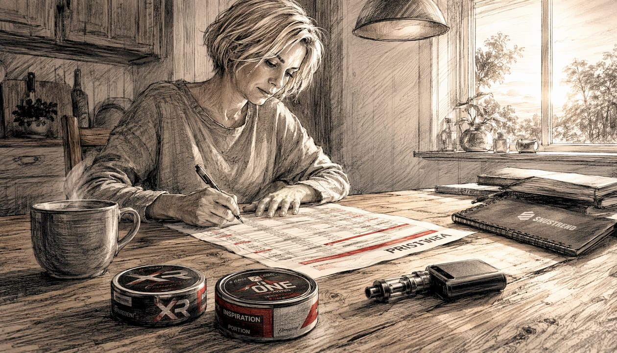 Eine Mitarbeiterin erstellt Preislisten für Snus und E-Zigaretten.