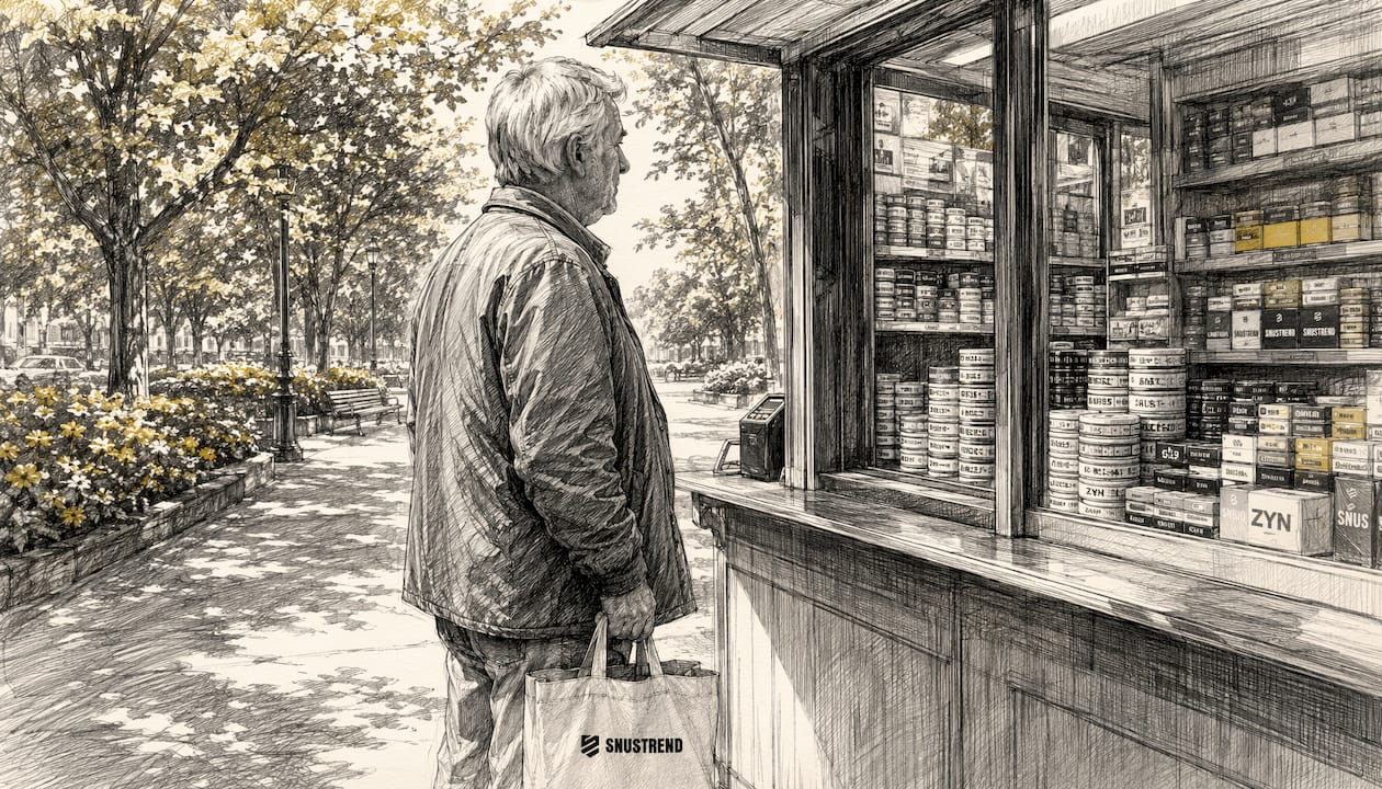 Ein älterer Herr steht mit seiner Einkaufstasche vor dem Kiosk.