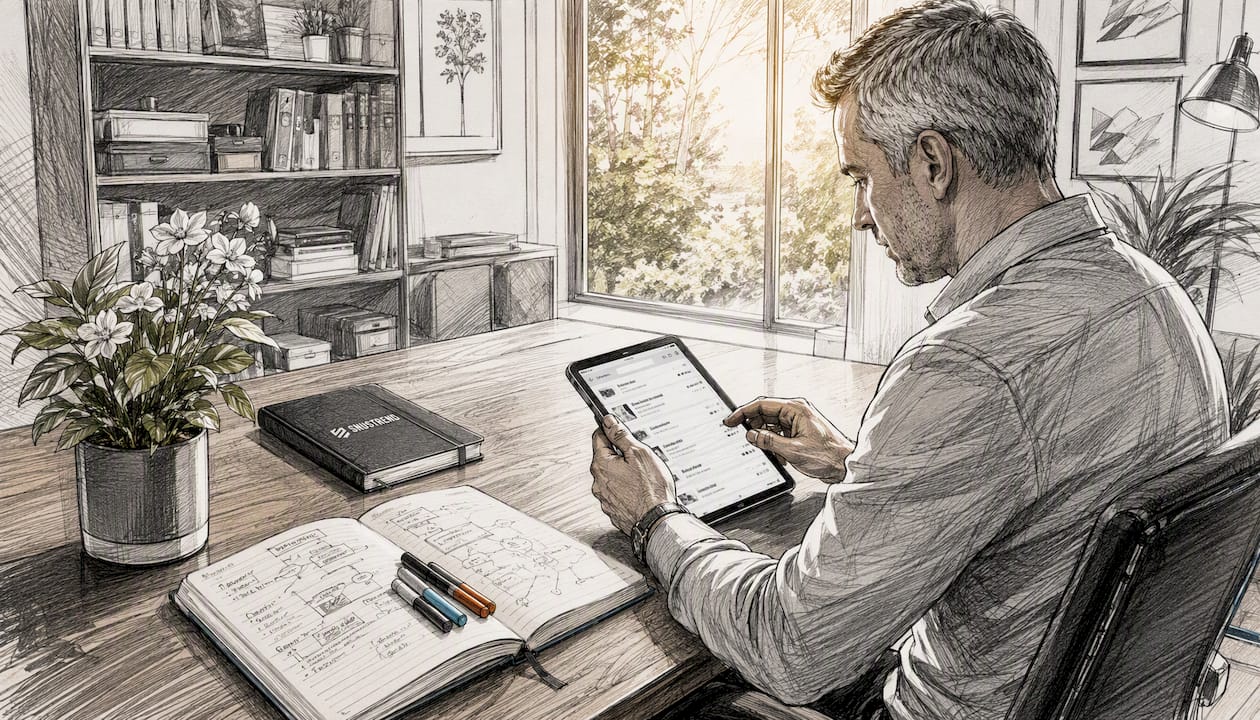 Eine Frau sitzt am Küchentisch und blättert auf ihrem Tablet durch die Produktübersicht.
