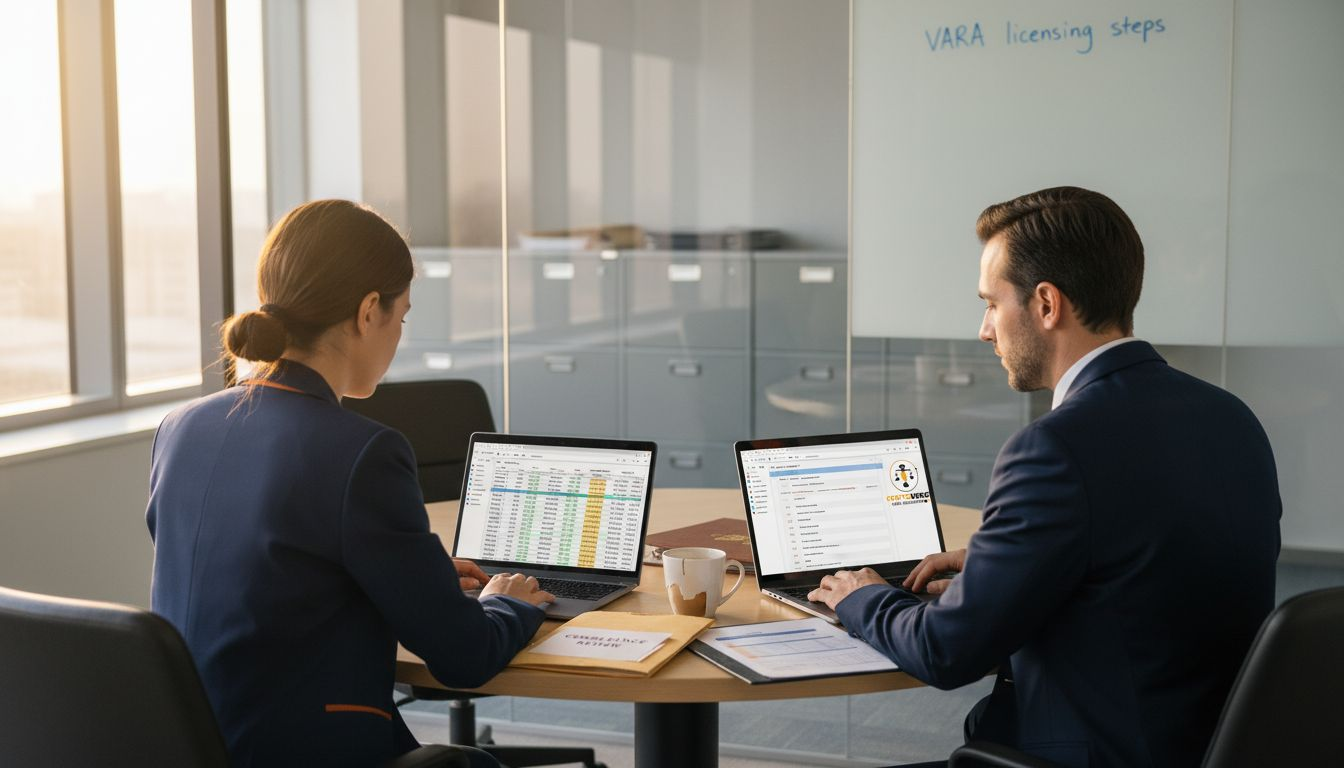 Lawyer and compliance officer reviewing blockchain licensing