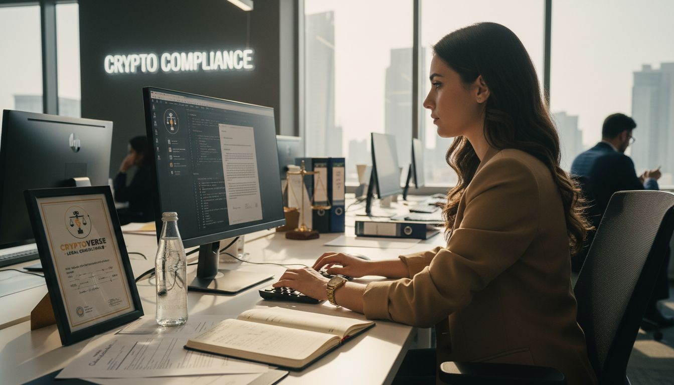 Businesswoman working on crypto compliance tasks