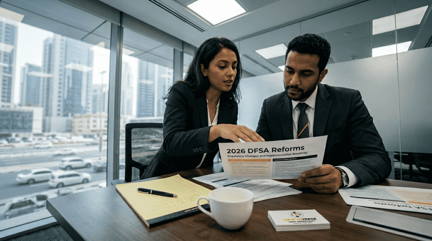 Colleagues reviewing 2026 DFSA reforms document