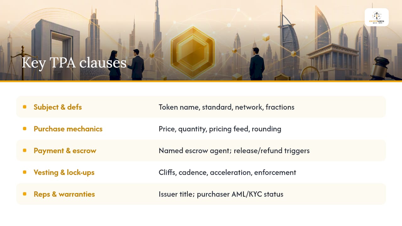 Diagram summarizing token purchase agreement clauses
