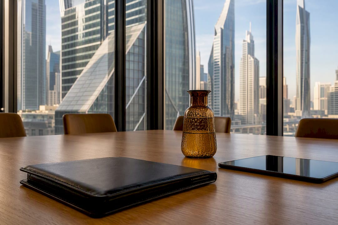 Empty Dubai boardroom table ready for token sale meeting