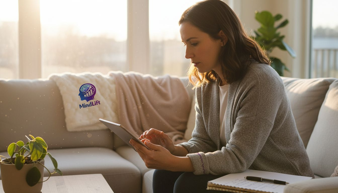 Una mujer realiza una autoevaluación con ayuda de inteligencia artificial desde su tablet.