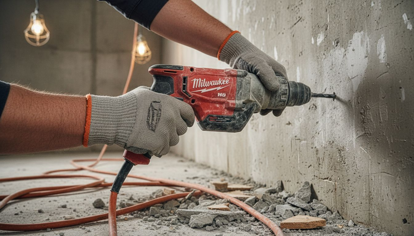 O mână folosește o bormașină Milwaukee pentru a da găuri în beton.