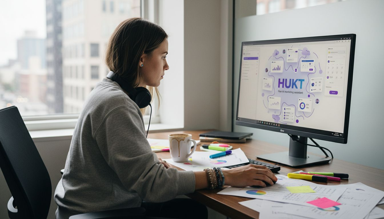 Marketer updating centralized dashboard at cluttered desk