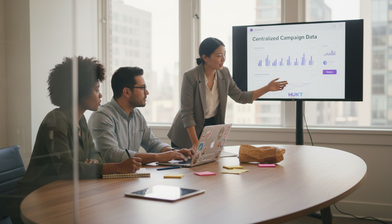 Team reviews centralized campaign data in meeting
