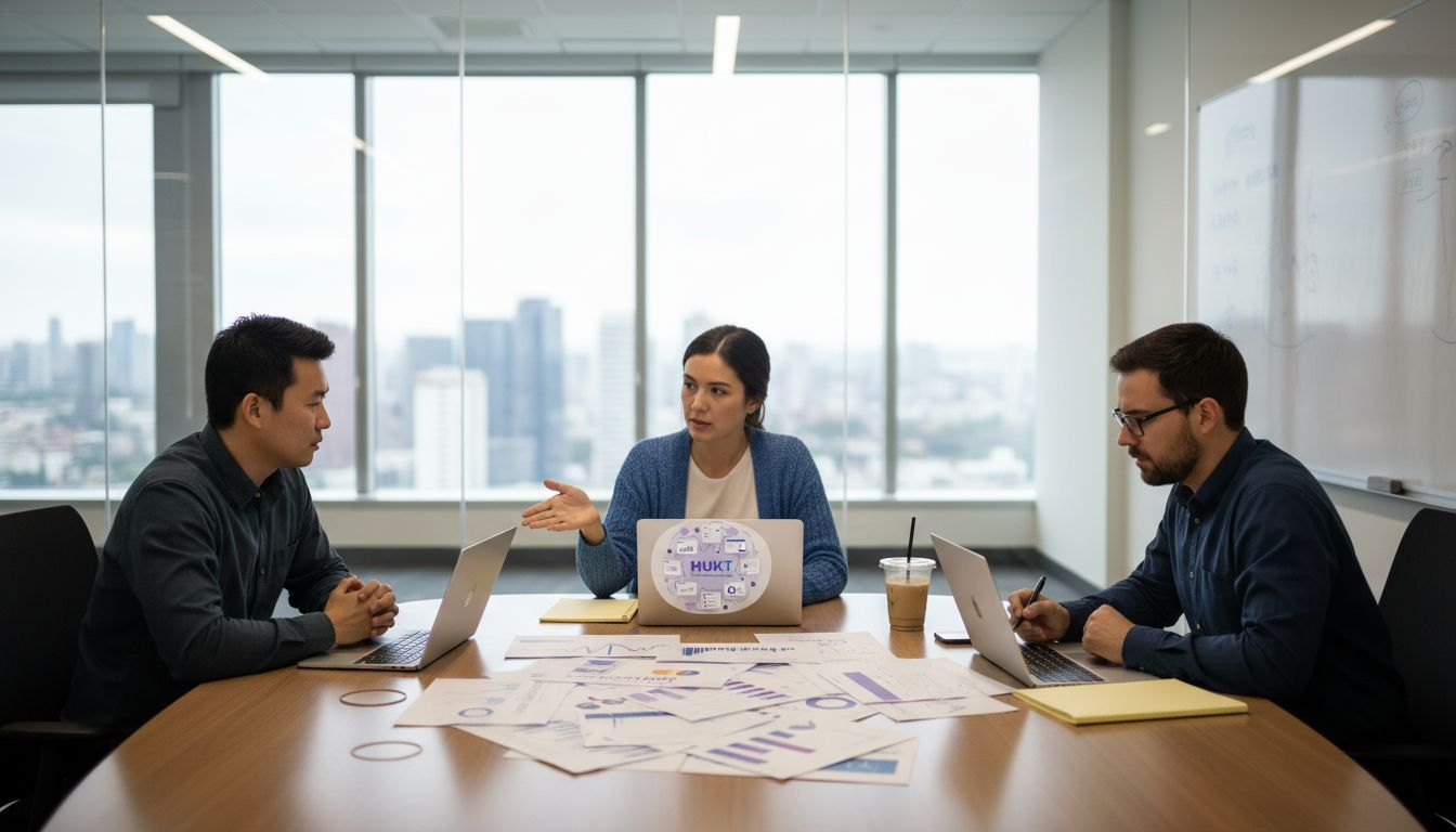 Team discussing marketing channels around table