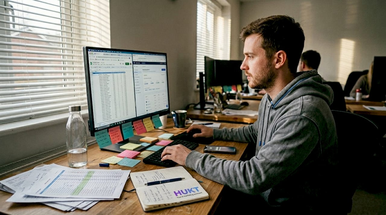 Marketer juggling multiple dashboards at desk