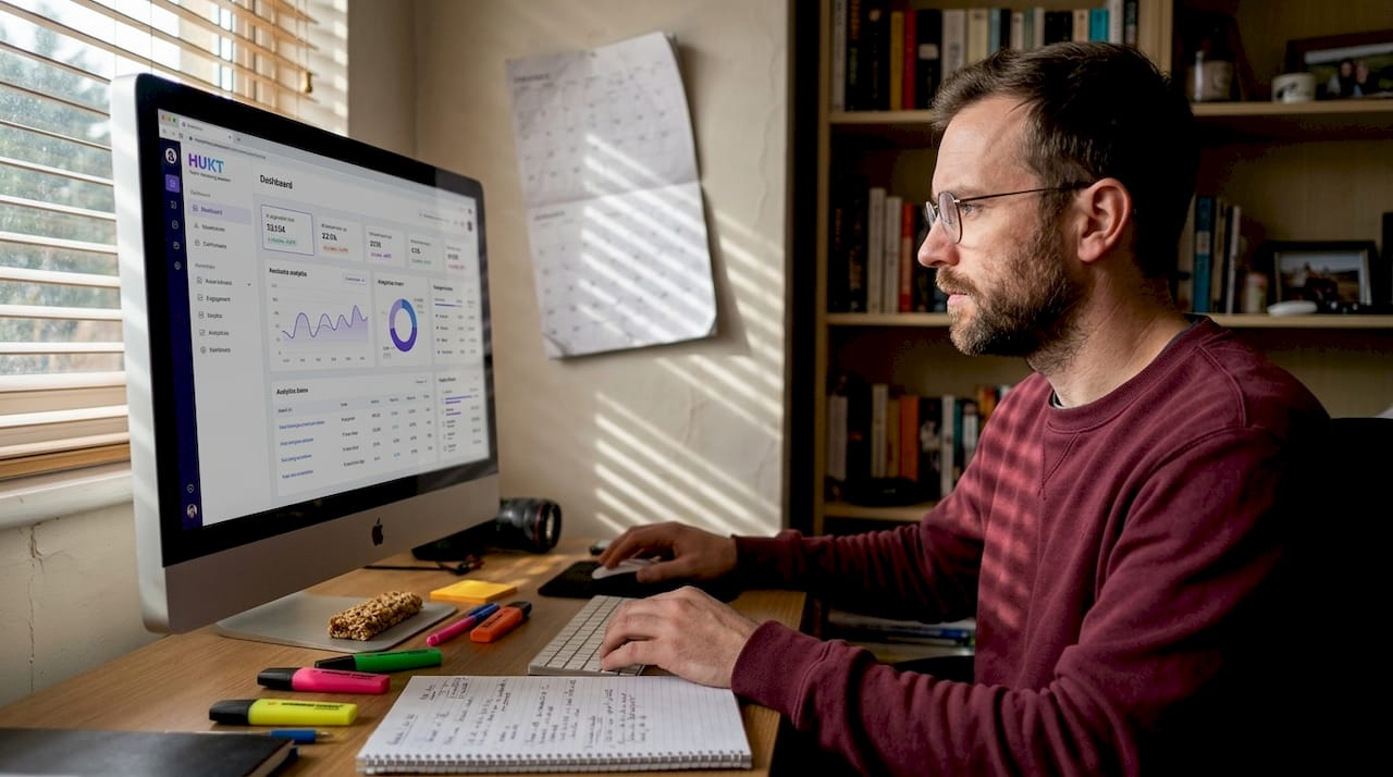 Marketer analyzing AI insights at home desk