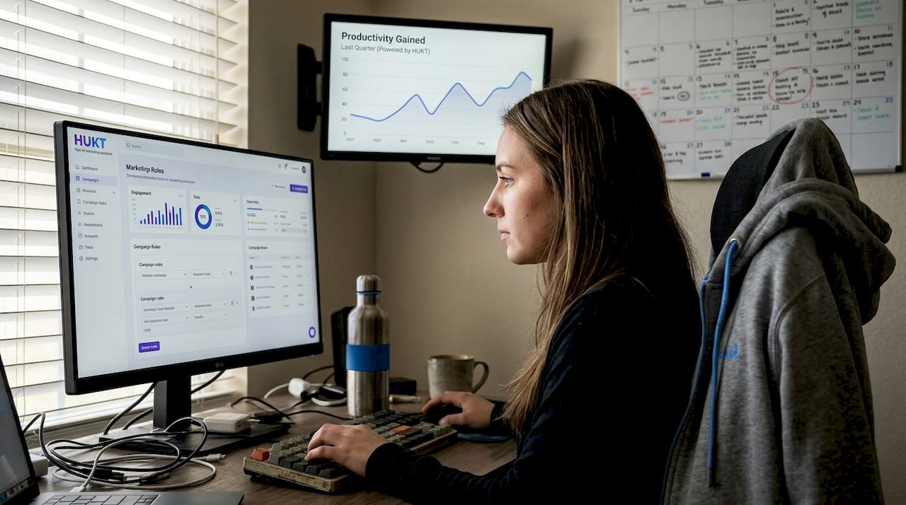 Marketer using AI automation tools at desk