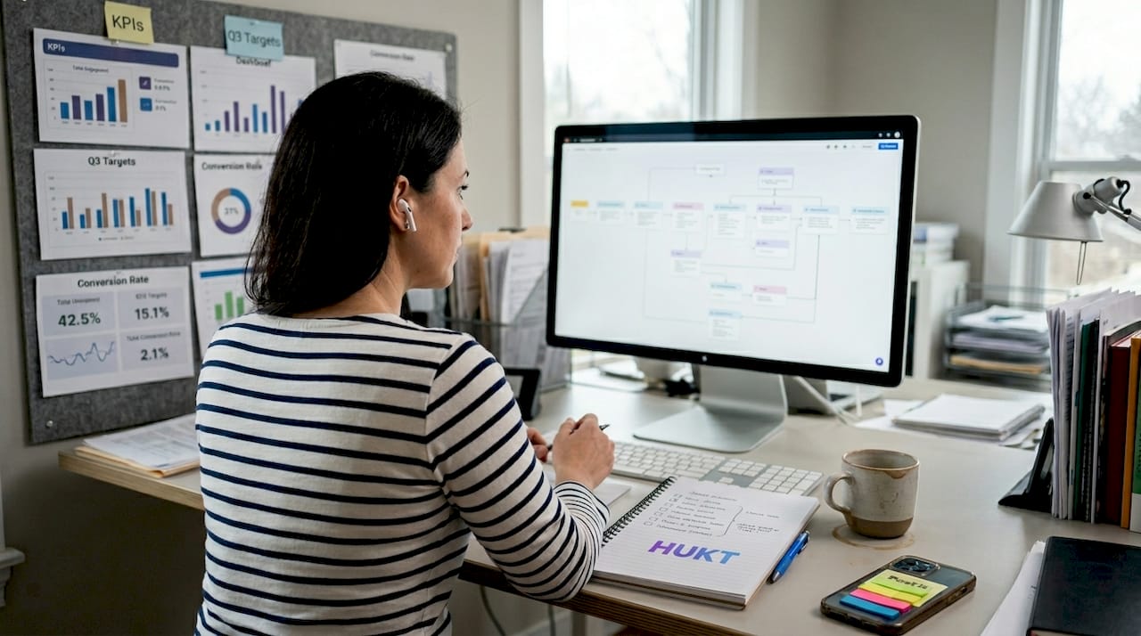 Manager mapping AI data workflows at desk