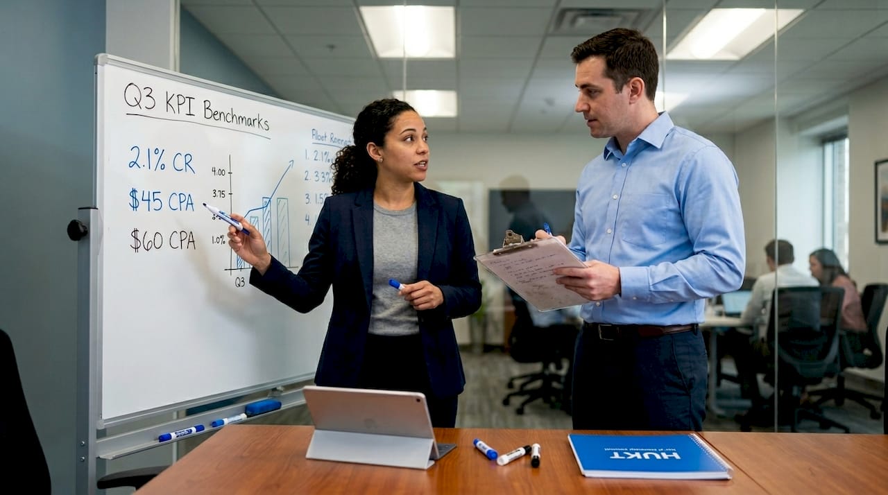 Team discussing KPIs at whiteboard