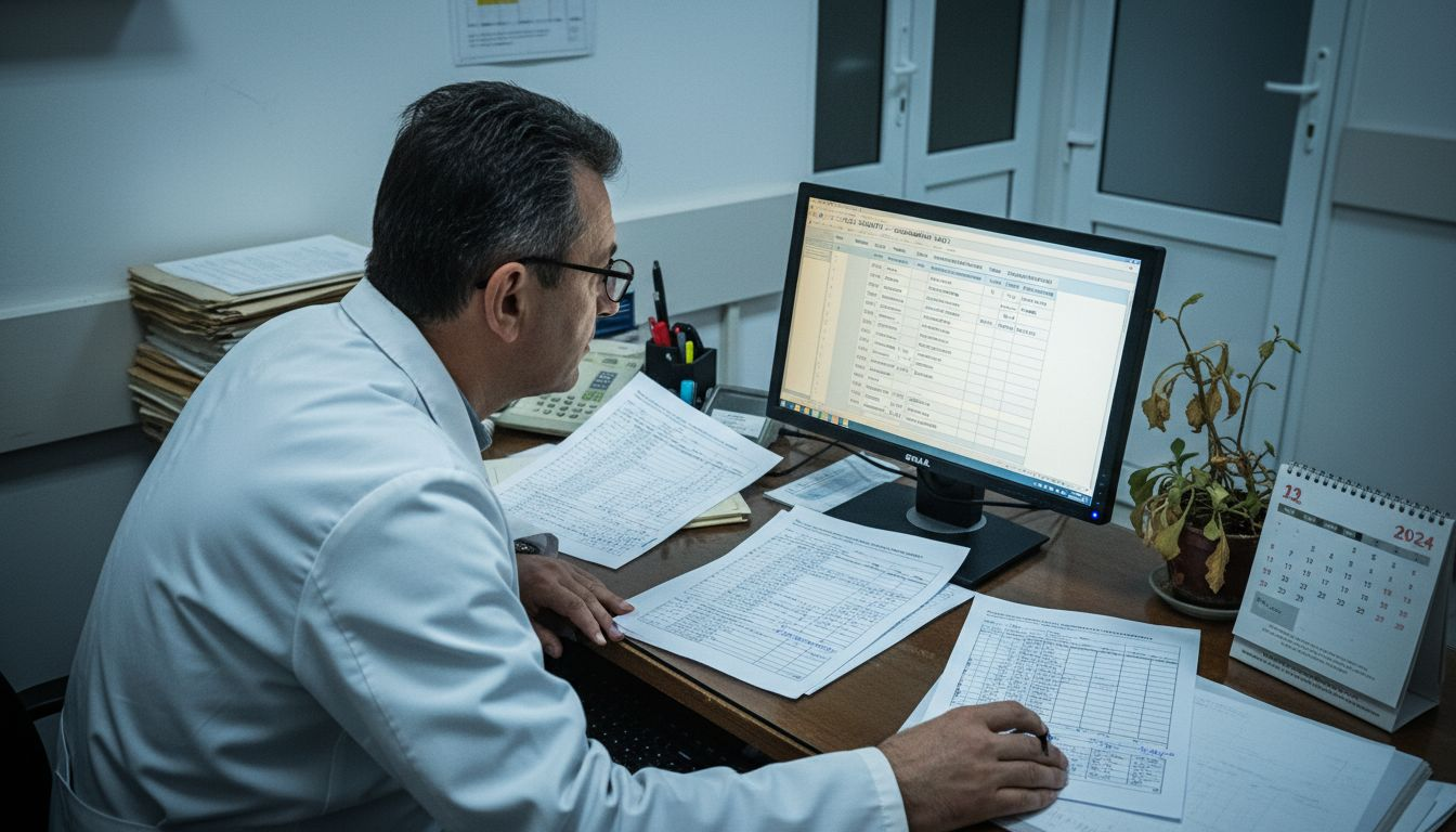 Asistenta de la recepție verifică programările pe calculator.