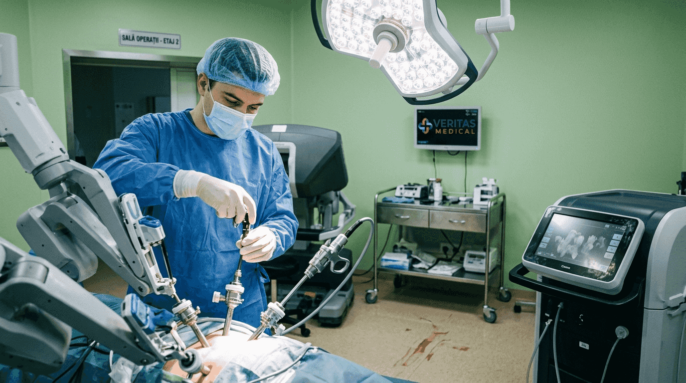 Chirurg care manevrează un robot laparoscopic în timpul unei intervenții