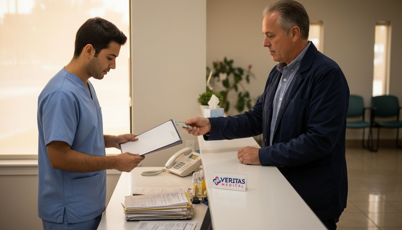 Pacientul se prezintă la recepția clinicii pentru înregistrare.