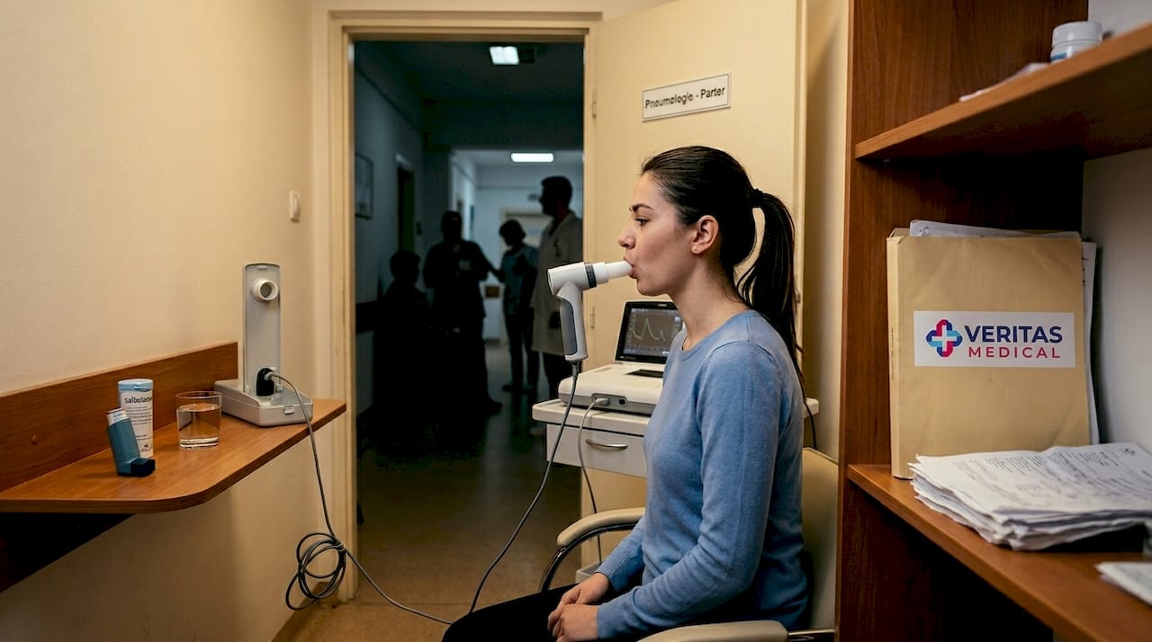 Pacientă în timp ce efectuează o spirometrie