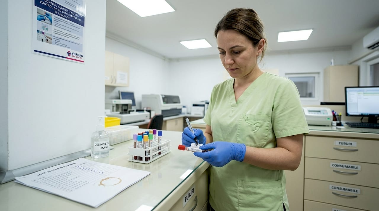 O asistentă medicală etichetează o probă de sânge recoltată de la un pacient, în laborator.
