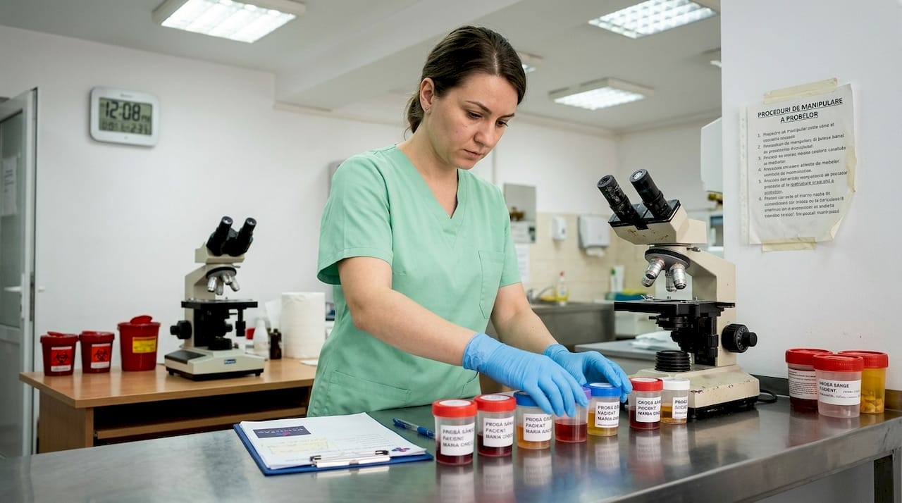 Tehnicianul de laborator se ocupă de manipularea probelor de la secția de anatomie patologică.