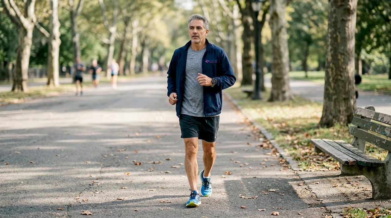 Un bărbat grăbit își face plimbarea de dimineață prin parc, printre aleile liniștite.