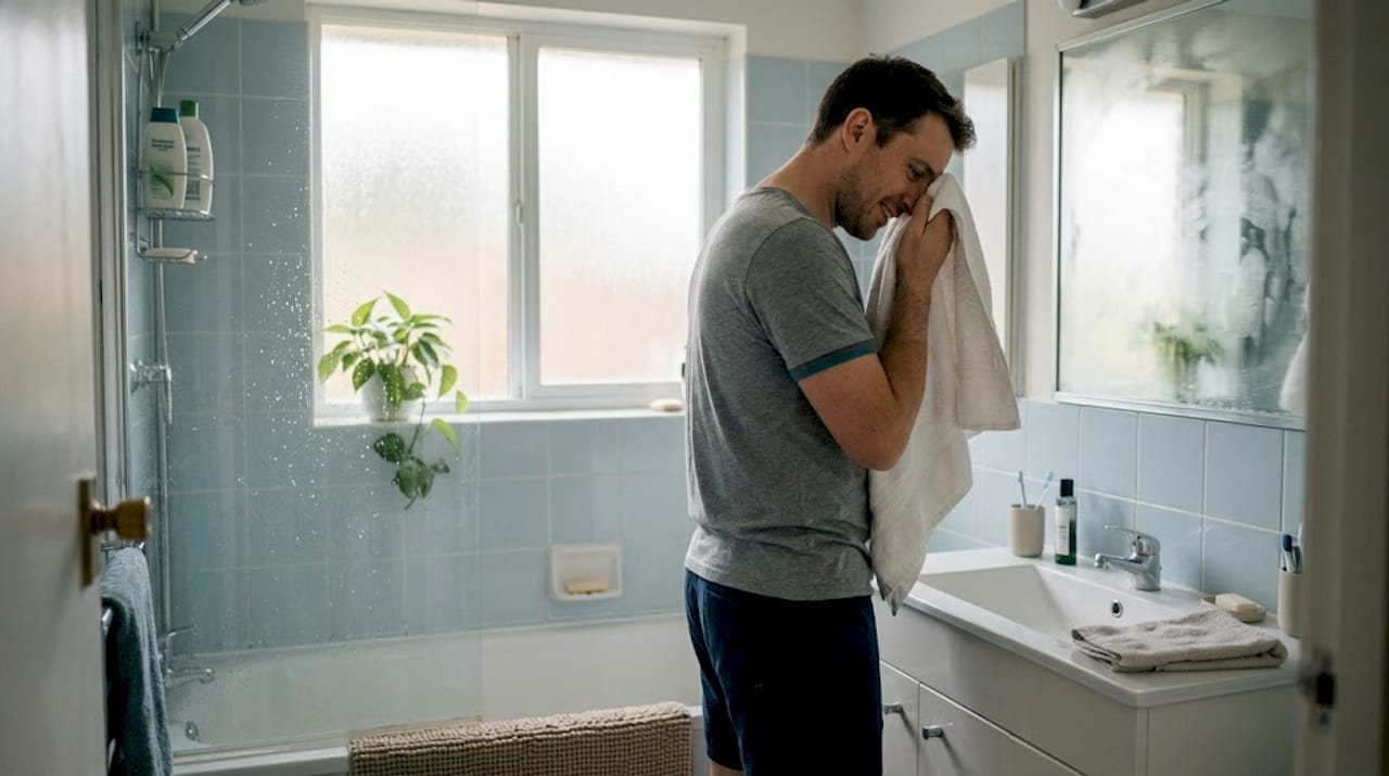 Man dries face in steamy bathroom after shower
