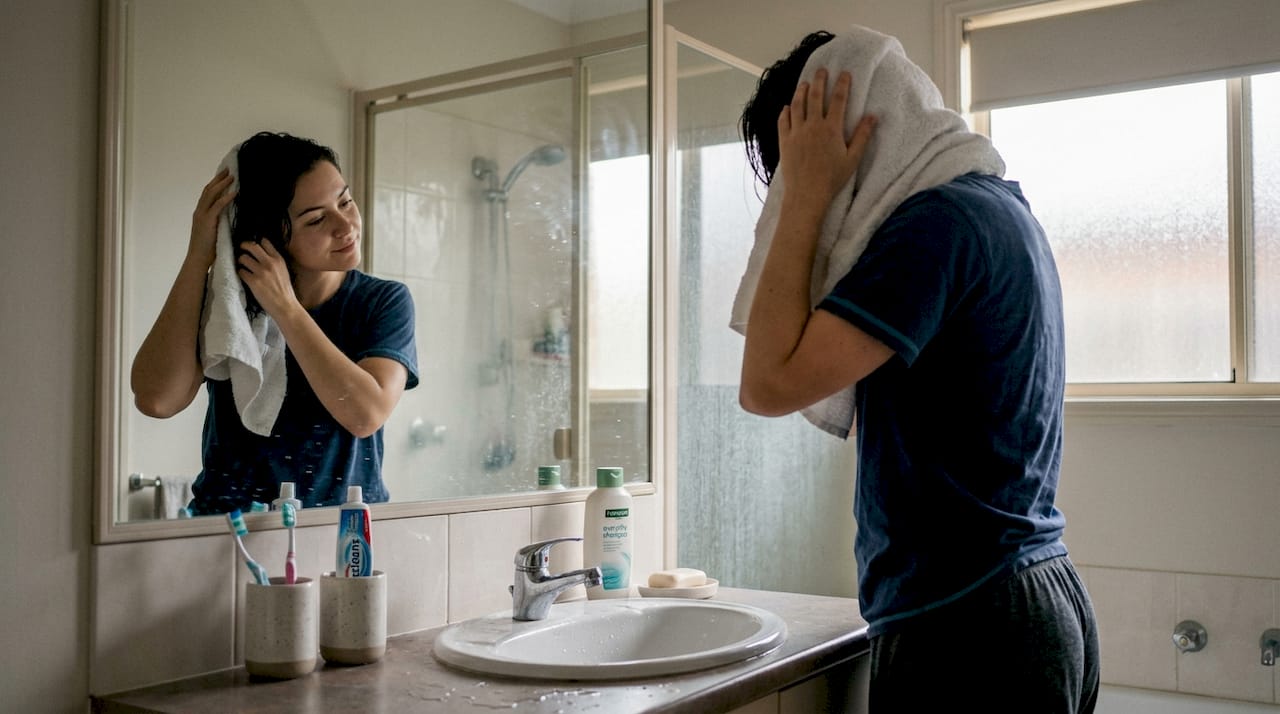 Woman drying hair, skin appears healthy