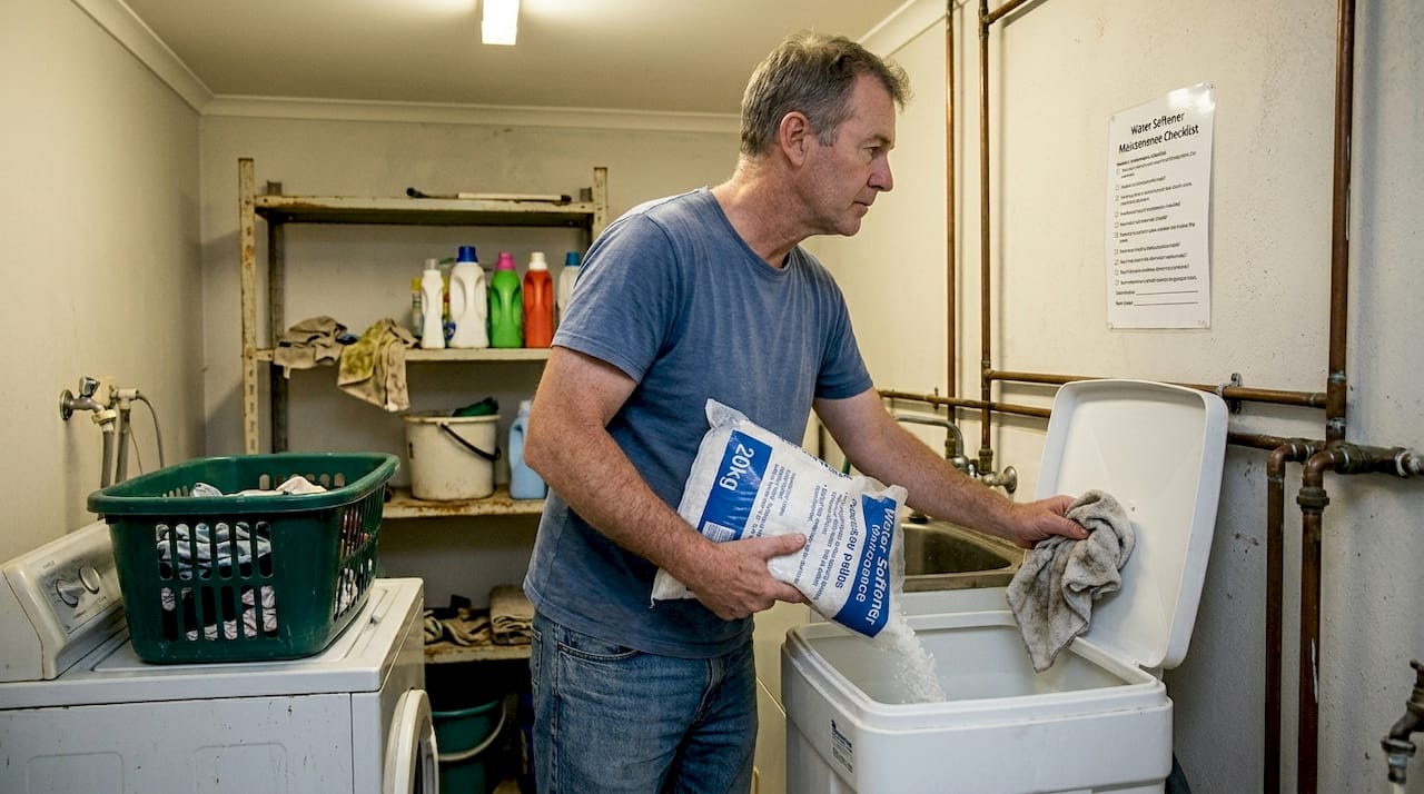 Man maintaining water softener in laundry room