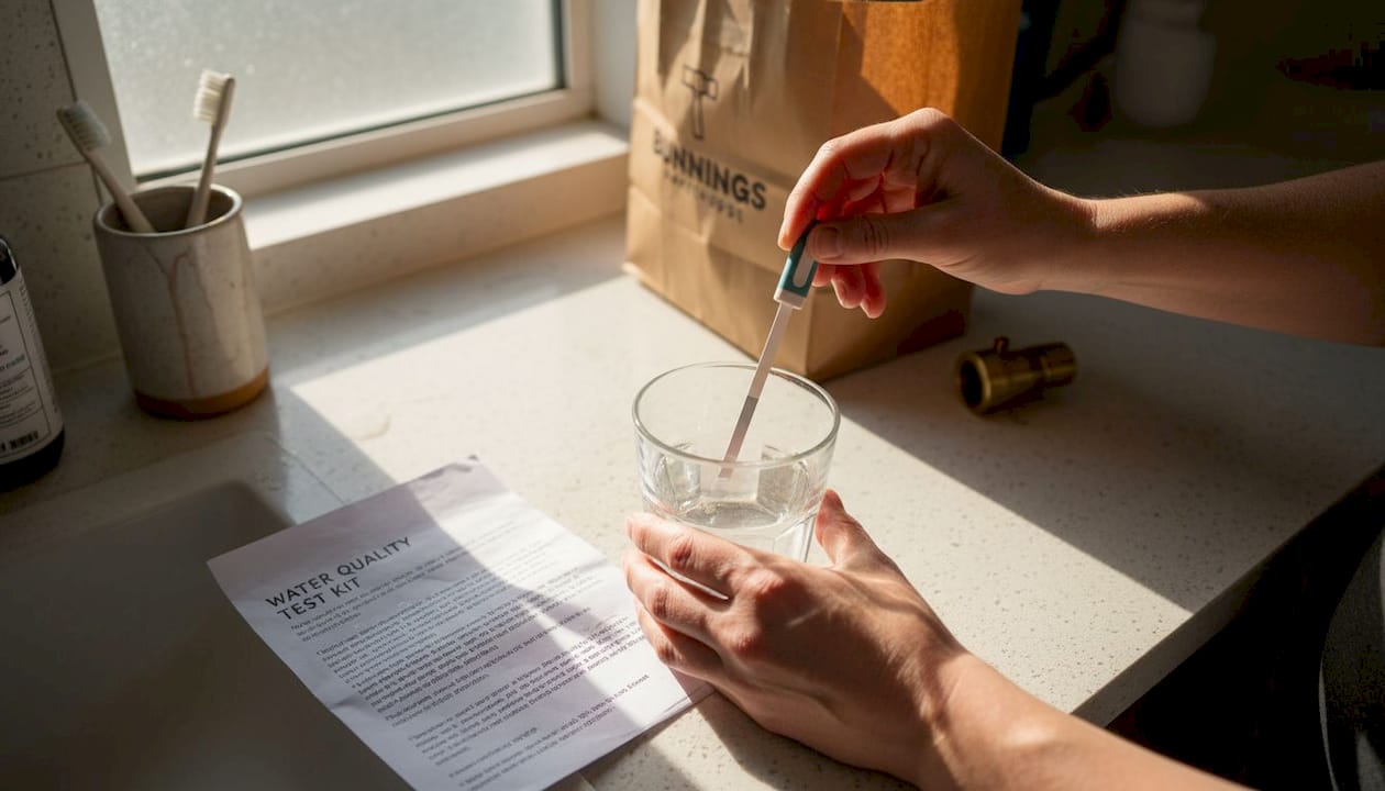 Hands testing shower water with strip