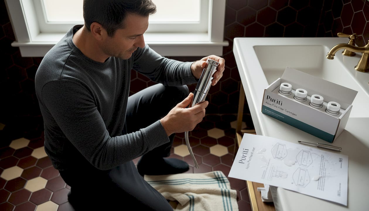 Man replacing shower filter cartridge at home