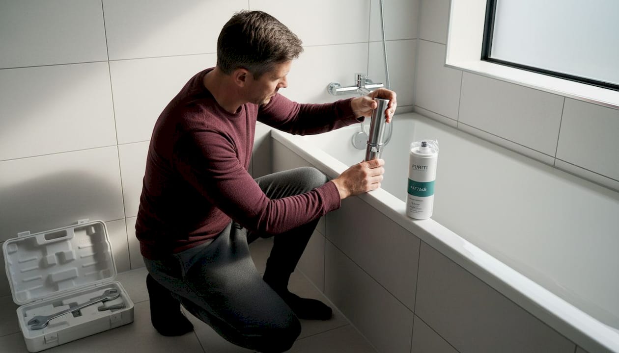 Man installing filter on home shower