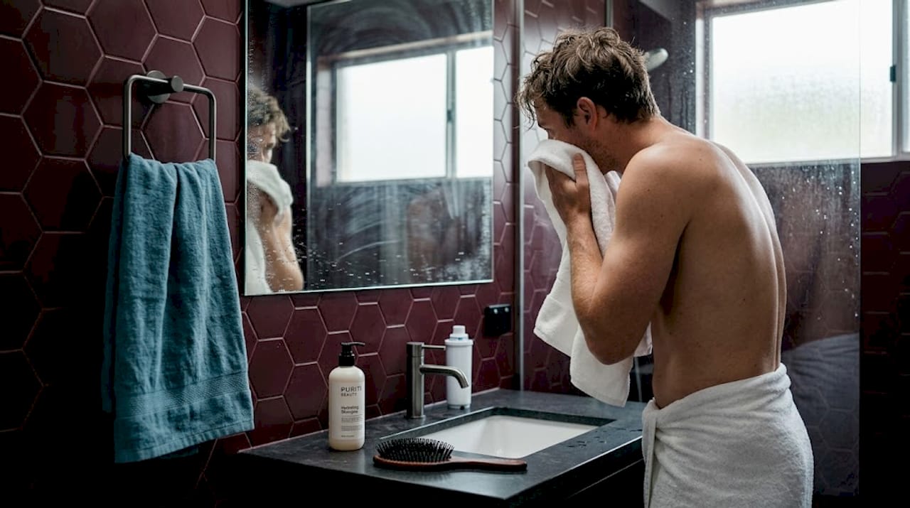 Man completing beauty routine after shower