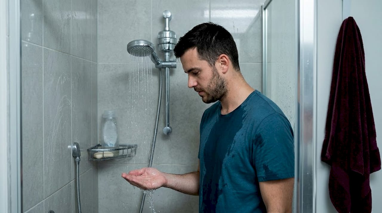 Man checking water pressure at shower head