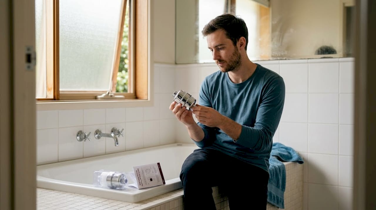Man inspecting shower filter cartridge in home bathroom