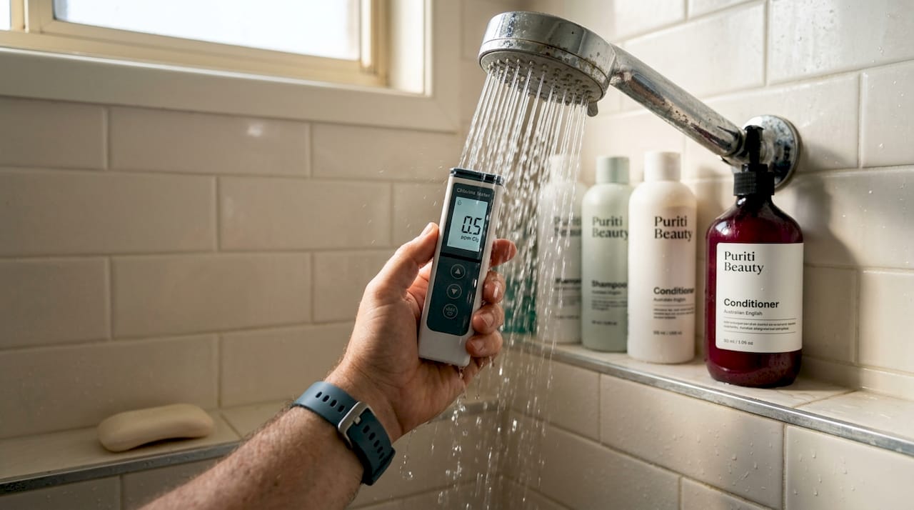Hand measuring shower chlorine levels