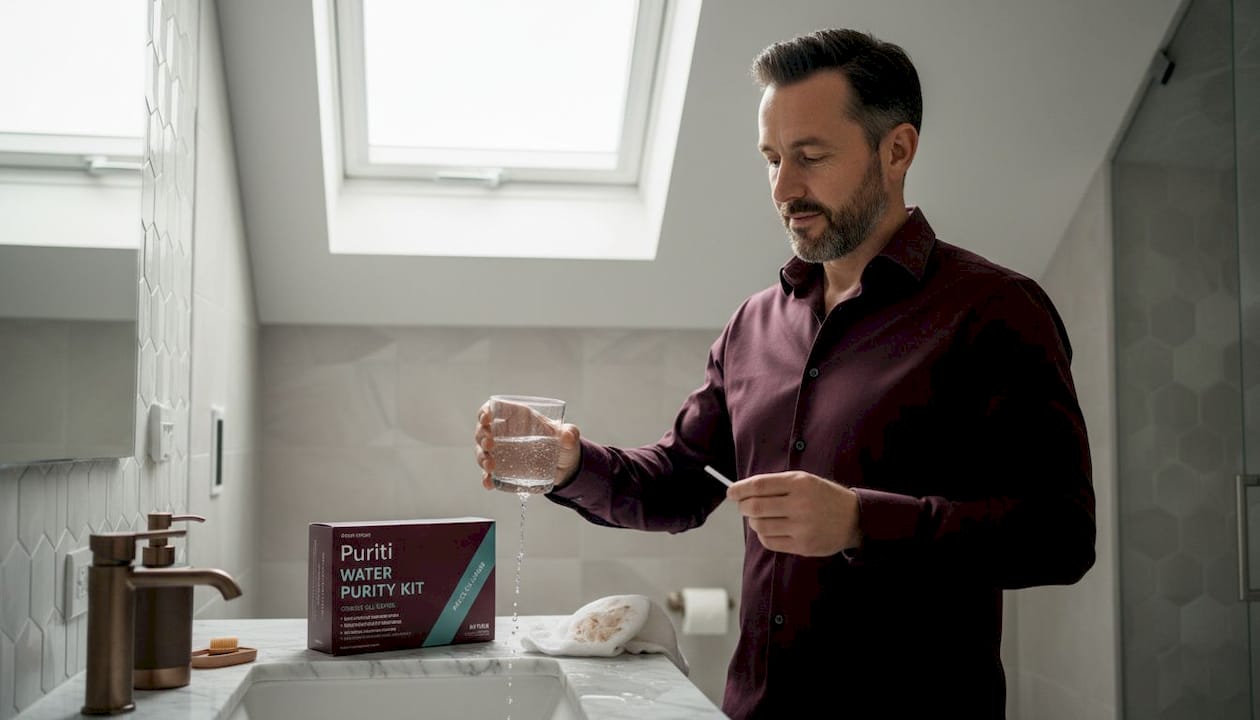 Man testing shower water for chlorine