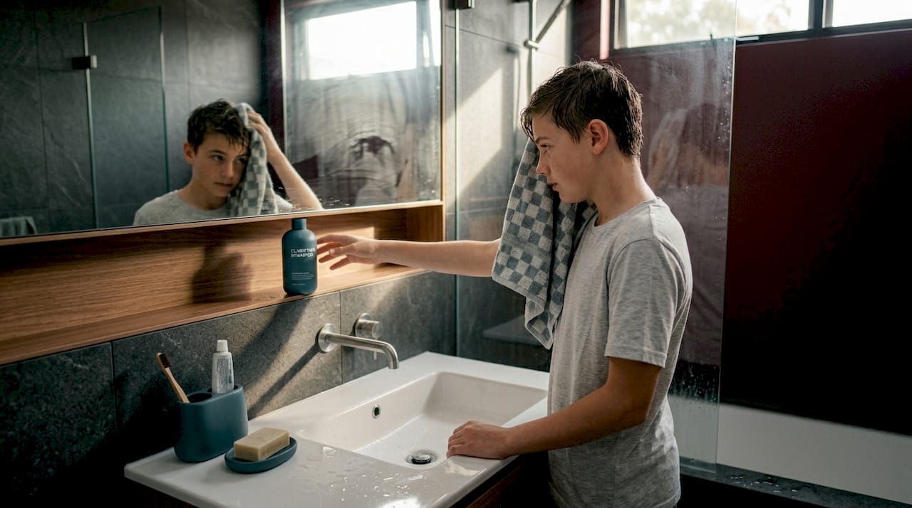 Teen drying hair after tap water shower