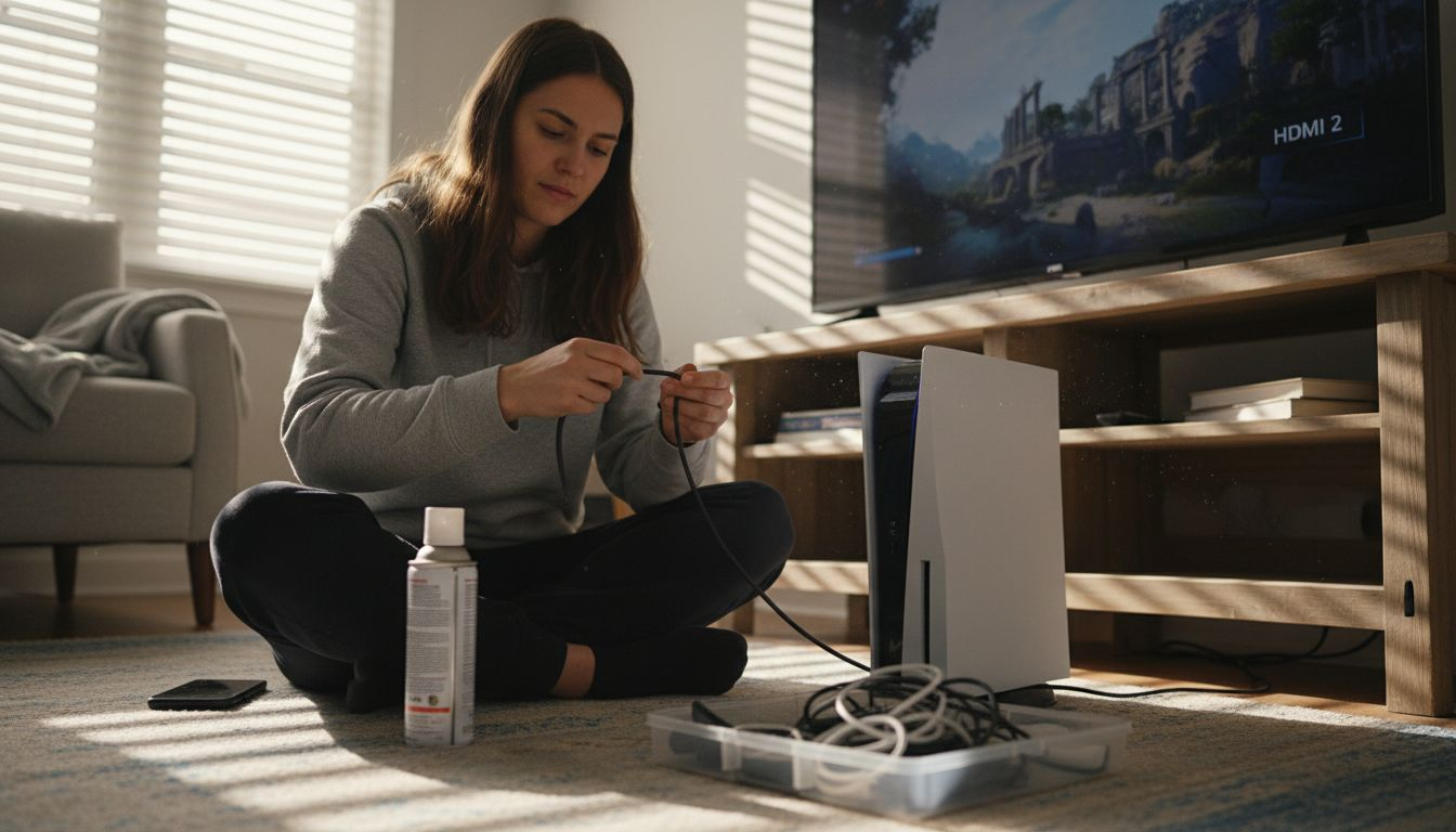 Woman maintaining PS5 HDMI cable connection