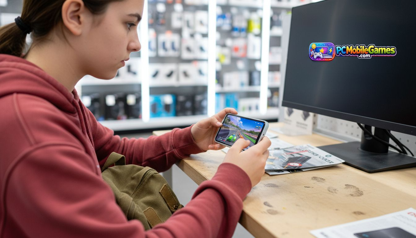 Teenager checking phone screen refresh in store
