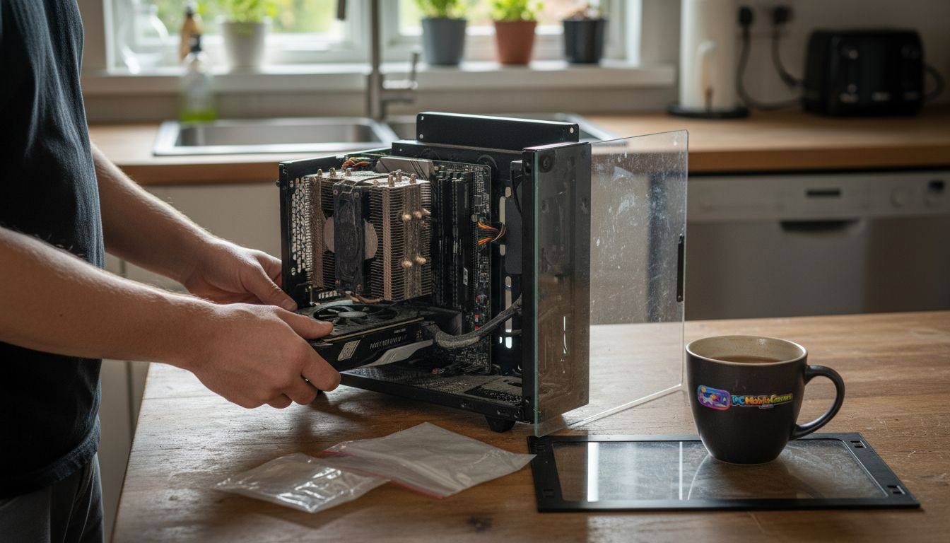 Hands installing graphics card in PC case