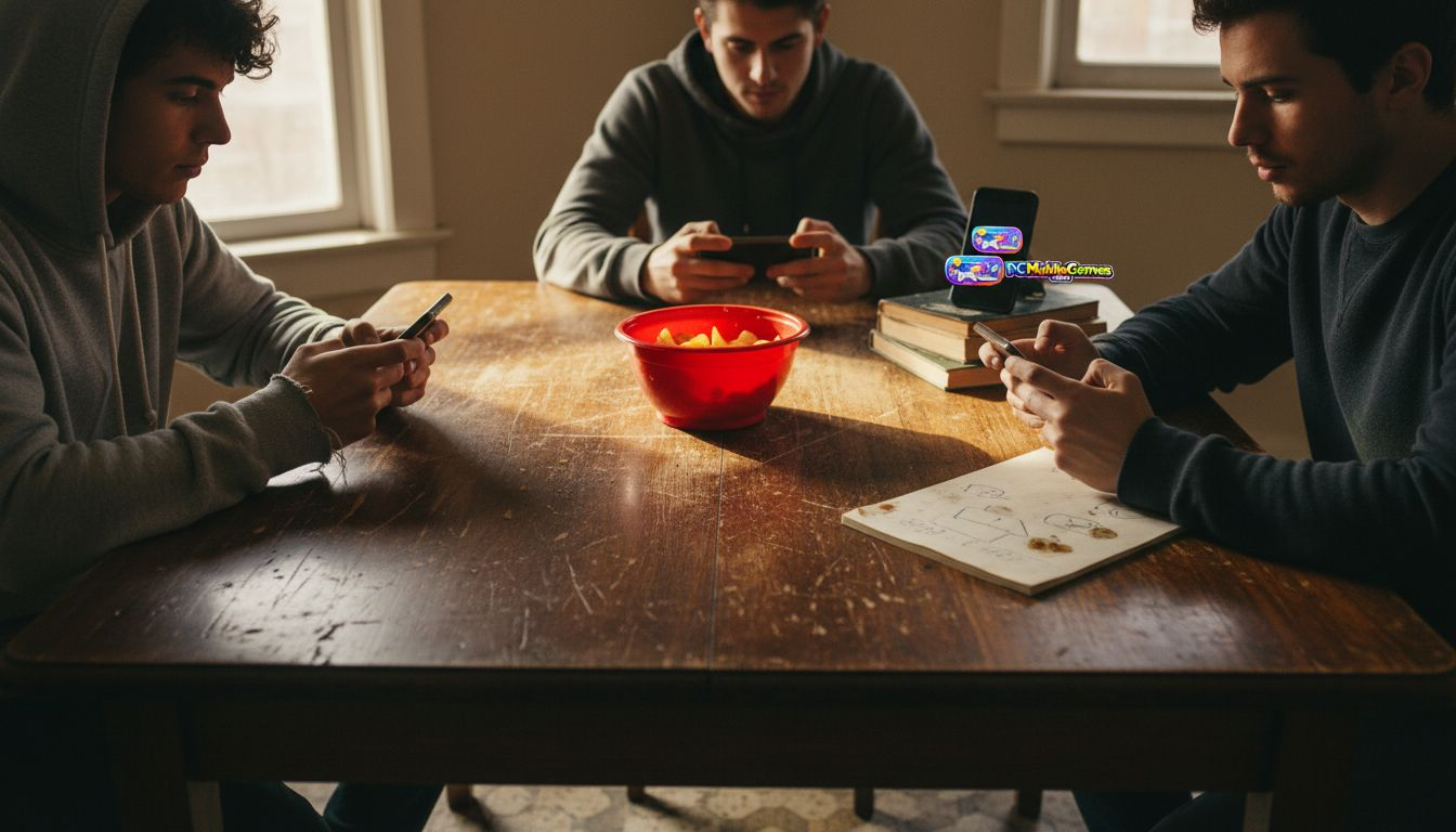 Group playing mobile games at kitchen table