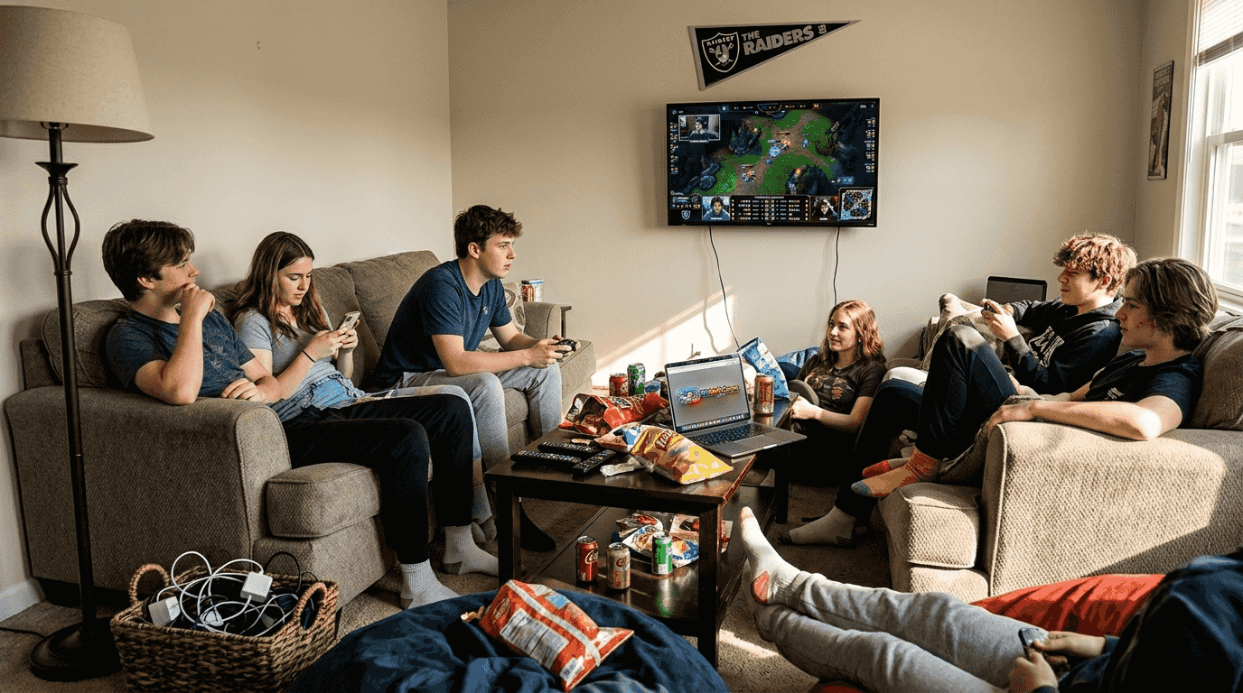 Friends watching esports match in living room