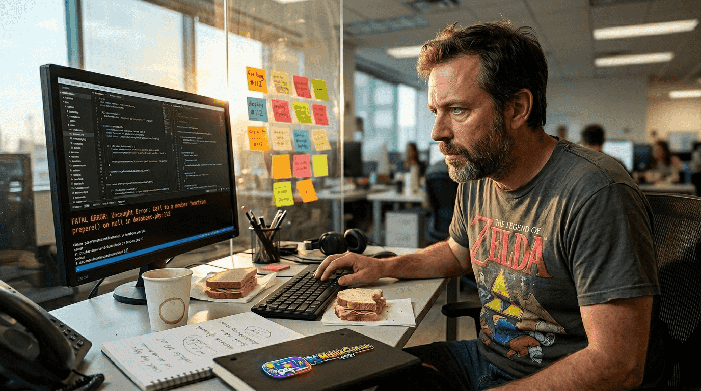 Developer fixing gameplay bugs at desk