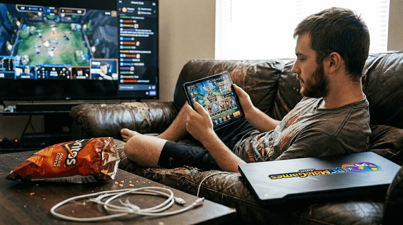 Player gaming on tablet in casual setting