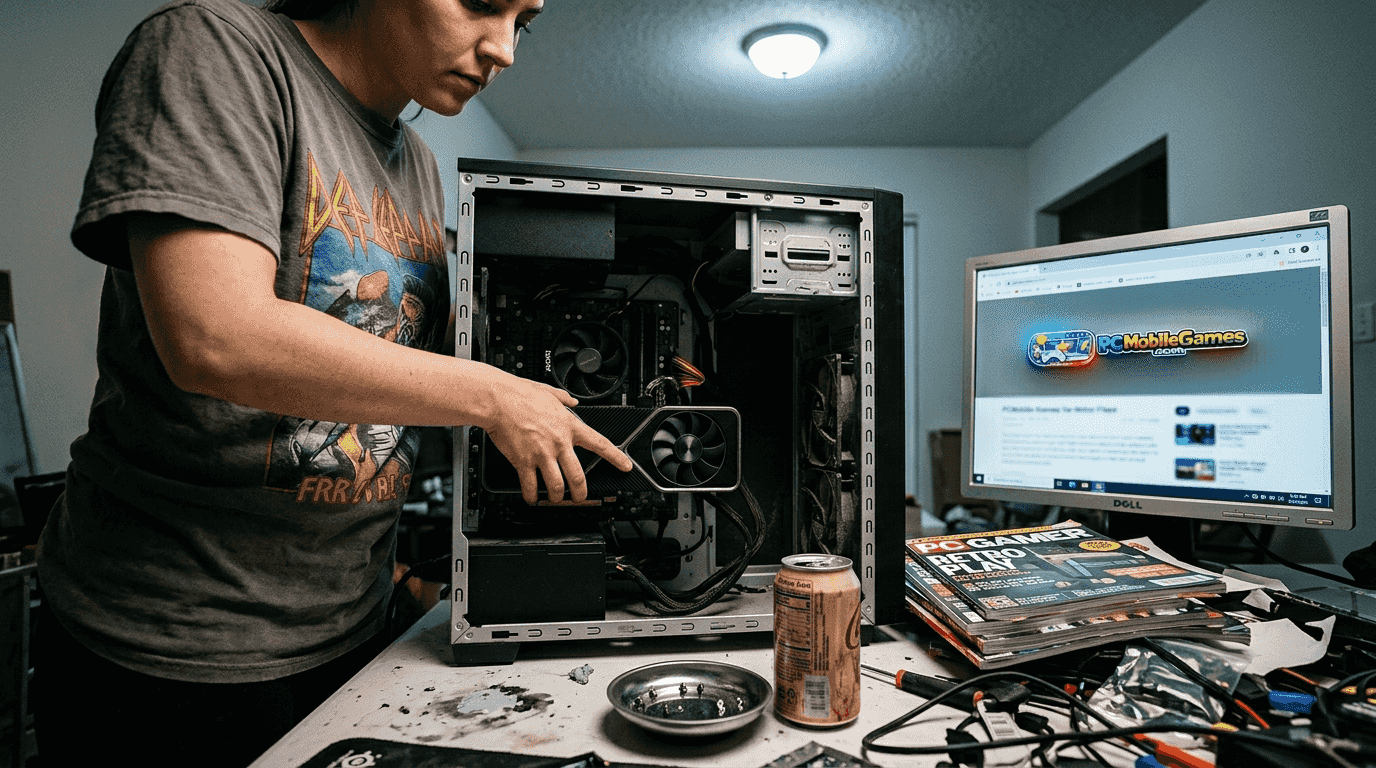 Gamer installing graphics card in cluttered workspace