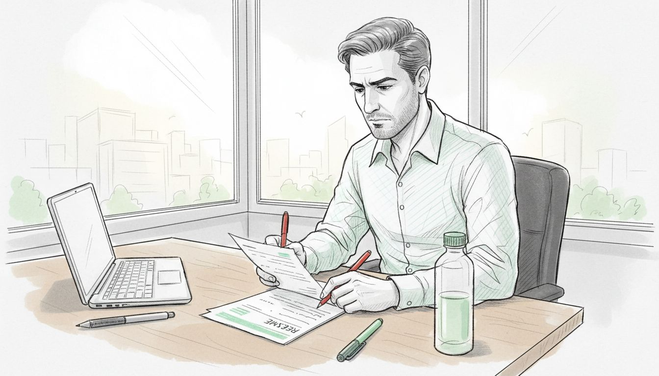 Applicant marking up resume at desk