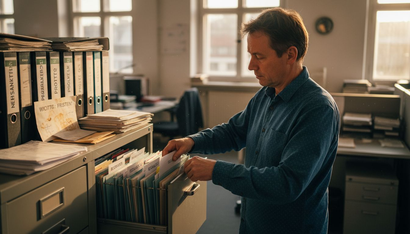 Ein Mann sortiert seine Unterlagen und legt sie ordentlich im Aktenschrank ab.