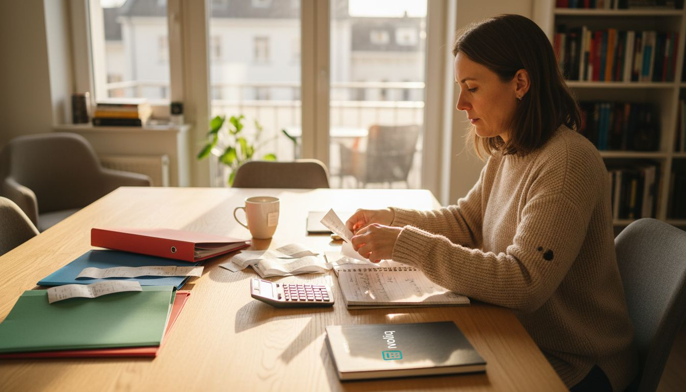 Eine selbstständige Frau sitzt am Tisch und sortiert ihre Belege für die Buchhaltung.